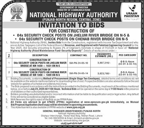 National Highway Authority Lahore Tender Notice